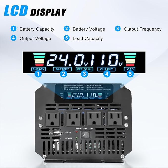 4000 Watt Power Inverter 24V to 110V 120V for Vehicle, Solar Inverter System, Heavy Duty, RV, Truck, Off Grid,Camping with 4 AC Outlets, LCD Display, Wireless Remote Control, Car Power Inverter