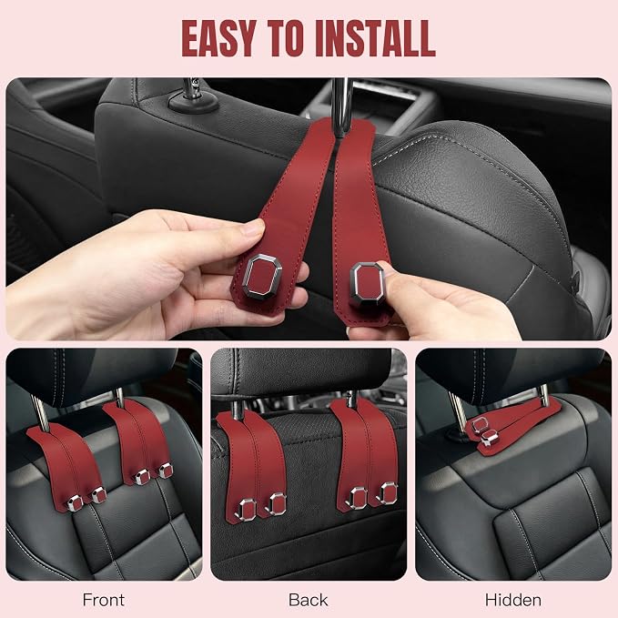 2PCS Car Hooks for Headrest, Faux Leather Purse Hook for Car Seat Back Organizers and Storage, Double Metal Purse Holder Bag Hanger, Universal Car Interior Accessories for Women Man