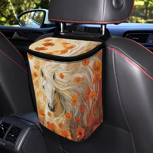 Horse Floral Print Car Trash Can with Lid, Leak Proof Auto Trash Bag Hanging Vehicle Garbage Can Multipurpose Storage Container for Back Seat Road Trip