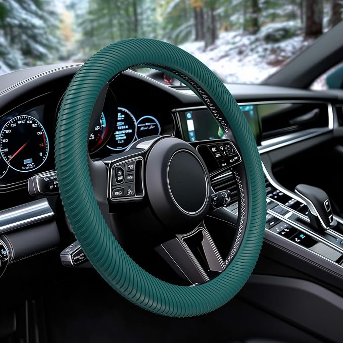 Car Steering Wheel Cover, Thin Anti-Skid Silicone Steering Wheel Cover for Men & Women, Universal Automotive Interior Accessories for Most Cars (Dark Green)