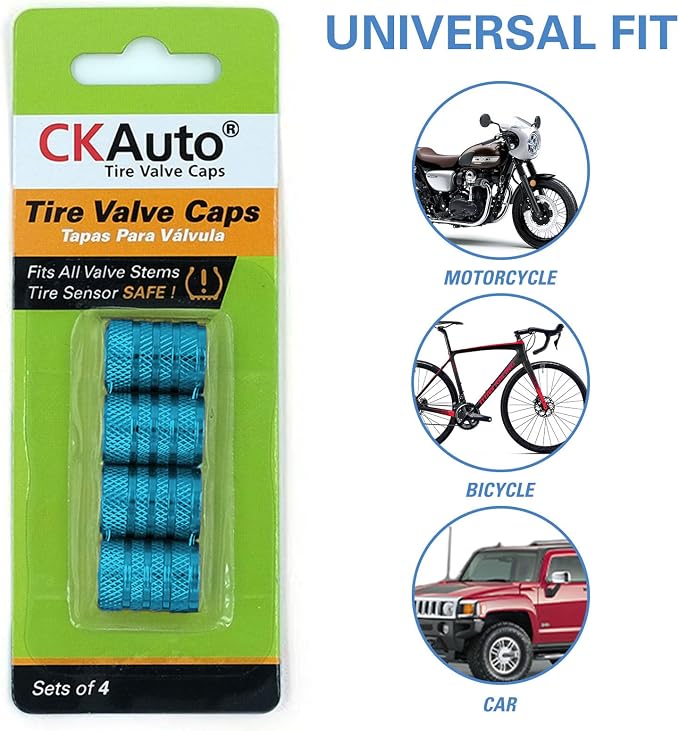 Tire Valve Stem Caps, Cyan, 4 pcs/Pack | Anodized Aluminum Tire Valve Cap Set, Corrosion Resistant, Universal Stem Covers for Cars Trucks Motorcycles SUVs and Bikes