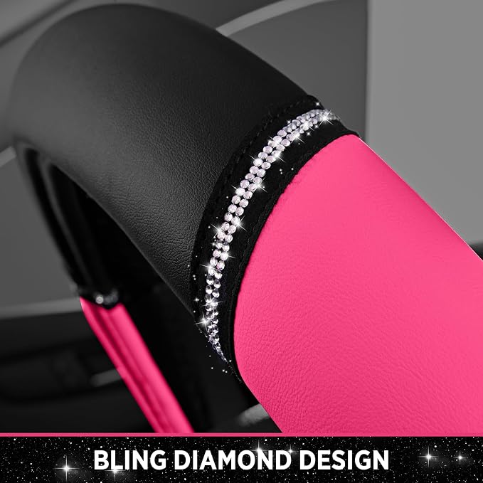 Leather Steering Wheel Cover - Made with PVC Leather - Anti-Slip, Universal Fit 14 1/2 inches to 15 inches - Hot Pink