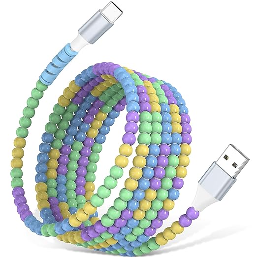 USB A to USB C Cable 6FT,Beaded Charger Cord for iPhone 17 16 Pro Max 17e 15 Car play,Type C Cute Car Charger Cord for iPad 10 11th A16/Samsung S26 S25 S24 S23 FE/Android Phone Girls Women,BlueYellow