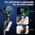 Digital Tire Gauge with Inflator & Deflator - LED Display & 0.1 PSI Resolution - Quick Release Valve & Heavy Duty Chuck - w/Adapter for Car, Truck, SUV, Motorcycle, RV, Balls