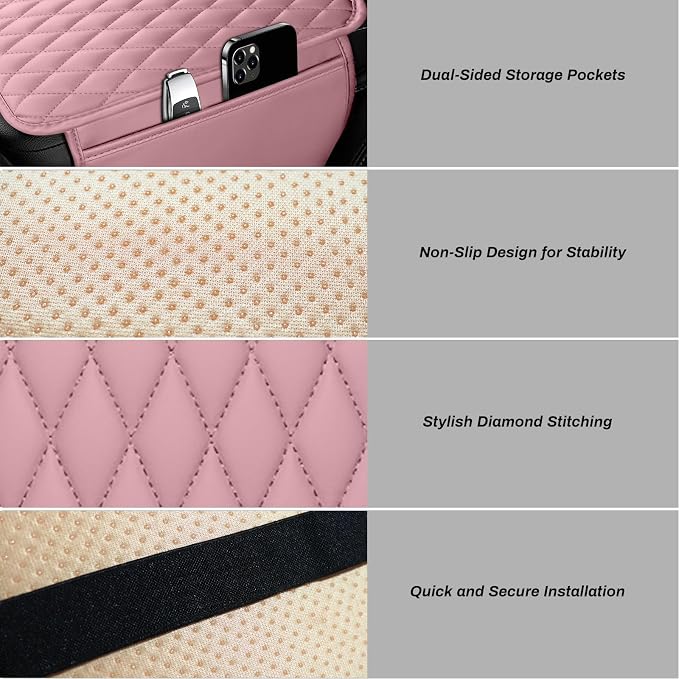 Car Center Console Cover, Upgraded Microfiber Leather Car Arm Rest Cover with 2 Storage Bags Universal Armrest Cover for Car Storage Box Car Interior Accessories Protector for Most Vehicle-Pink