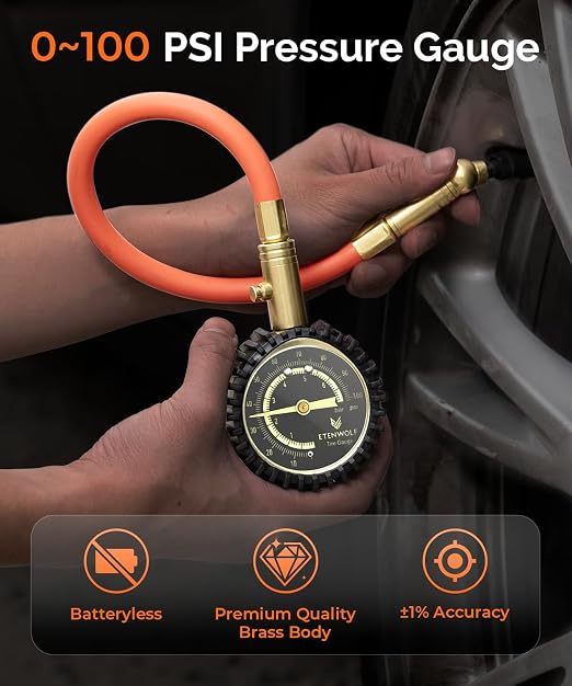 Tire Pressure Gauge 0-100 PSI, ANSI B40.1 Grade A Certified | Accurate Tire Gauges for Tire Pressure with Large Glow Dial, Air Pressure Gauge for Tires, Car Accessories