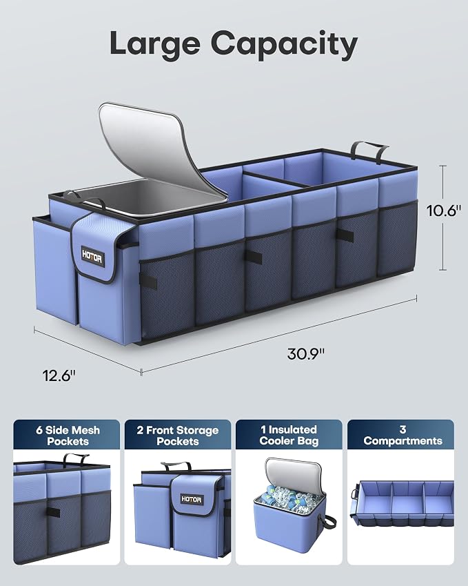 Trunk Organizer, Sturdy Foldable with Cooler for Car & SUV, 3 Compartments, Blue, 30.90”×12.60”×10.63”