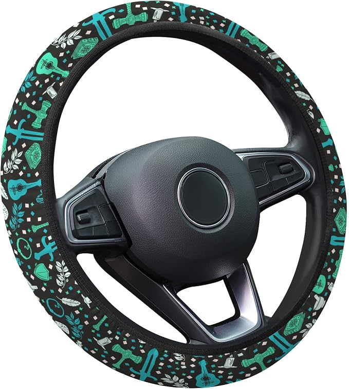 Teal Fantasy Symbol Steering Wheel Cover, Polyester Non-Slip Car Wheel Grip, Universal 15 Inch Auto Accessory