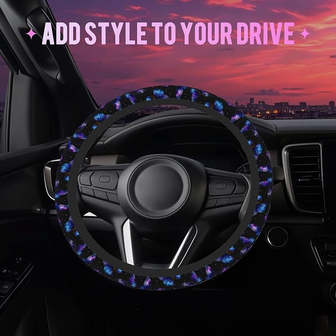 Galaxy Butterfly Steering Wheel Cover for Women Men Neoprene Breathable Wheel Cover Protector Anti-Slip Car Accessories Universal 15 Inch Fit for Cars Trucks Vehicles