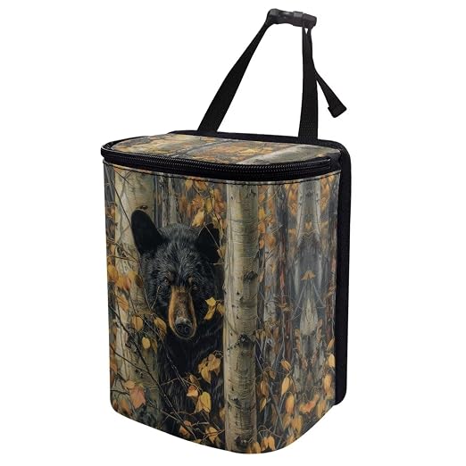 Bear Hunting Camo Print Car Trash Can with Lid, Leak Proof Auto Trash Bag Hanging Vehicle Garbage Can Multipurpose Storage Container for Back Seat Road Trip