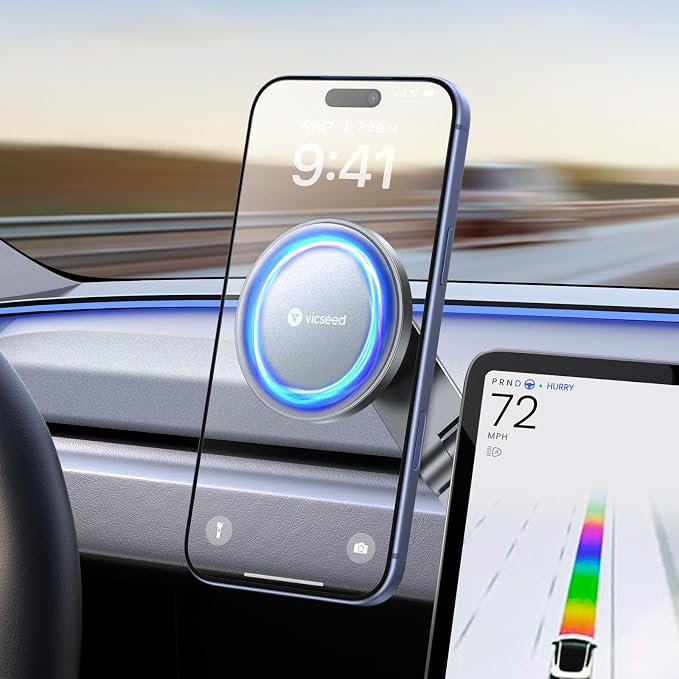 Tesla Phone Mount【Strongest Magnet Power】 Foldable Hidden Tesla Phone Holder Fit for All Phones, Tesla Model 3/Y/Cybertruck Accessories, Tesla Model 3 Model Y for MagSafe Car Mount-Quicksilver