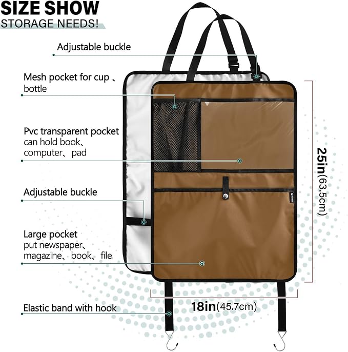 Brown Car Seat Organizer for Kids Backseat Kick Mat with Adjustable Strap Backseat Protector for Vehicle SUV Car 1 Pcs