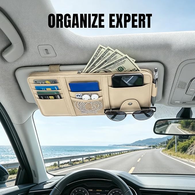Car Sun Visor Organizer, Truck Visor Organizer, Leather Multi-Pocket Auto Visor Storage Pocket Pouch Holder with Zipper, Auto Accessories Storage Bag for Driving License Card Pen (Beige)