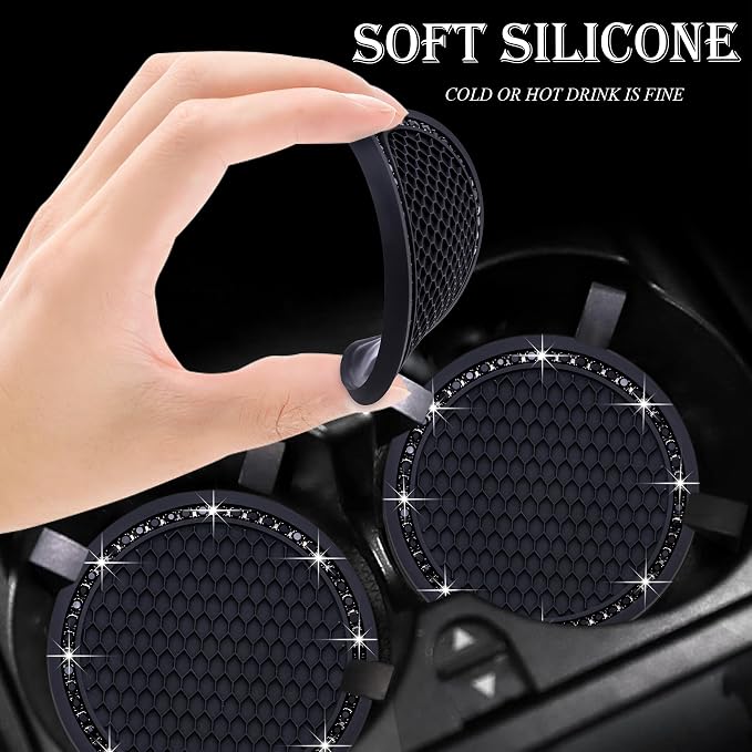 4PCS Bling Cup Holder Coaster, 2.75 Inch Auto Car Cup Holder Insert Coasters, Soft Silicone Anti-Slip Shockproof, Universal Vehicle Interior Accessories for Women Girls (Black)
