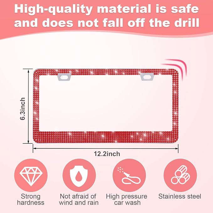 2 Pack Bling License Plate Frames for Women, Sparkly Rhinestone Diamond Car Accessories with Glitter Crystal Caps (Red)