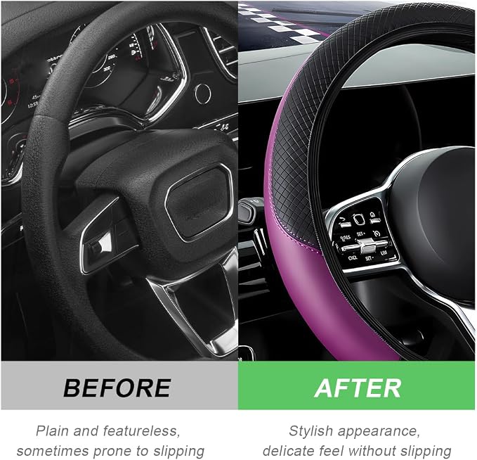 Car Steering Wheel Cover, 15 Inch Carbon Fiber Leather Stitching Color Steering Wheel Protector, Anti-Slip Elastic Breathable Steering Wheel Cover Stylish Decor for Most Cars (Black&Purple, AD)