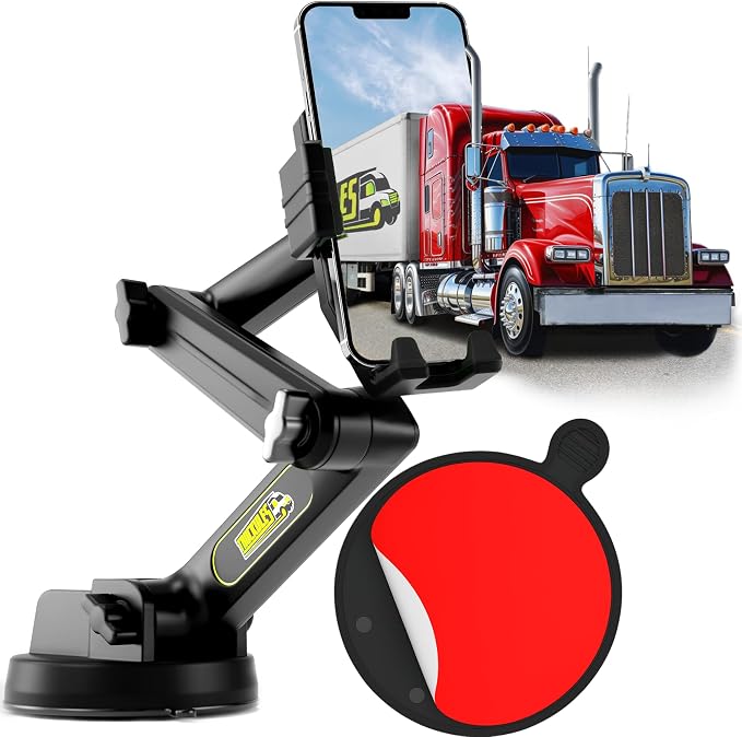 Cell Phone Mount for Truck Phone Holder for Truck Drivers - Heavy Duty Suction Cup + Dashboard Pad, iPhone Holder for Dashboard Window 16.9 inch Long, for iPhone & Samsung, Big Rig Trucker, Red