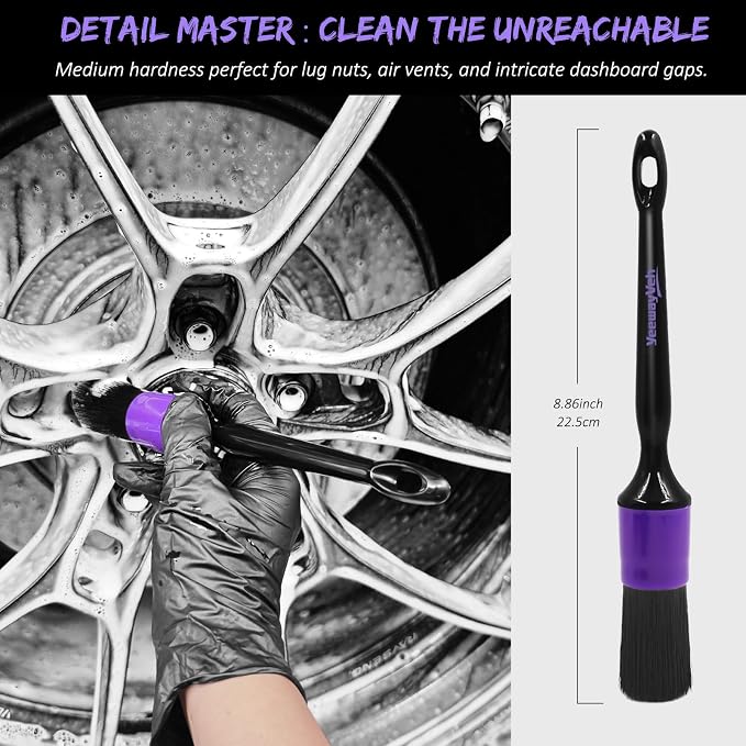 6Pcs Car Wheel & Tire Brush Kit, Professional Wheel Detailing Kit with Scratch-Free Rim Brush, Tire Brushes, Detailing Brush, Microfiber Towel & Tire Shine Applicator Pad, Vibrant Purple