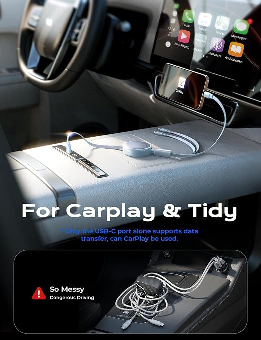 Multi Charging Cable 3 in 1 iPhone 16 Charger Cord, Retractable Car Charger Type C Cable, Retractable iPhone Charger Cord with Type C/L/Micro USB for iPhone/Samsung/PS/Kindle,Blue