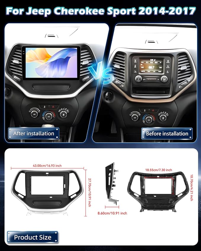 4+128G Android Car Stereo for Jeep Cherokee Sport 2014 2015 2016 2017 with Wireless Carplay/Android Auto - 10 Inch HD Touchscreen Radio with EQ/5GHz WiFi/GPS/SWC + AHD Rear View Camera