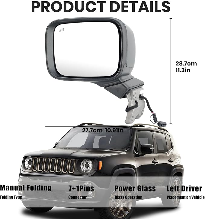 Driver Side Mirror Compatible with Jeep Renegade 2015-2023 Power Glass Heated with Turn Signal Indicator Blind Spot Detection Manual Folding Bright Black Left Door Mirrors (7＋1 Pins)