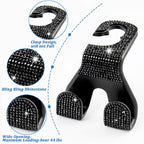 Bling Car Purse Hooks 2Pcs, Durable Car Headrest Hook, Holds 44Lbs, Double-Hooks, Wide-Opening, Rhinestone Automobile Purse Hangers Holder, Bling Car Accessories for Women, Black