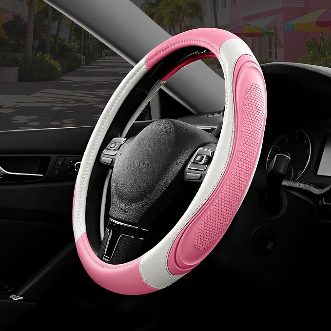 Car Steering Wheel Cover - Microfiber Leather Steering Wheel Wrap Sports 14.5-15 Inch Steering Wheel Cover Non-Slip for Men Women Pink & White Color
