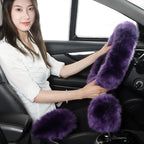 Fuzzy Genuine Sheepskin Steering Wheel Cover Set for Women Parents-Fluffy Soft Australian Merino Wool Wrap with Gear Shift and Hand Brake Covers, Cozy Stylish Luxury Car Accessories (Dark Purple)