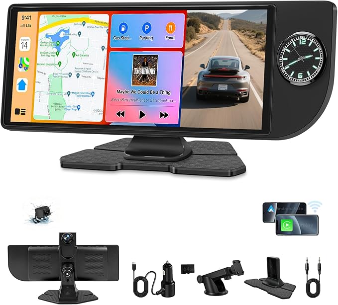 10.26" Wireless CarPlay Screen for Car, Portable Apple Car Play & Android Auto HD Touchscreen with 4K Dash Cam/1080P Backup Camera/GPS Navigation/Mirror Link/FM/Voice Control for All Vehicles