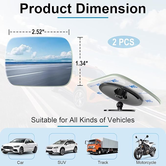 Blind Spot Mirrors 2 Pack, Frameless Side Mirror Blindspot Convex HD Glass Car Accessories, Side View Mirror Blindspot with Wide Angle Adjustable Stick for Car SUV and Trucks