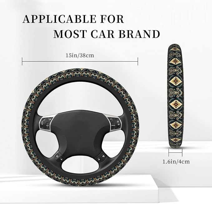 Geometric Steering Wheel Cover Car Elastic Steering Wheel Protector | Aztec Style Abstract Anti-Slip Breathable Car Accessories Interior for Women Men Universal 15 Inch Fit Auto Truck