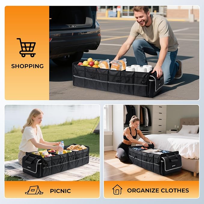 4 in 1 Car Trunk Storage Organizer with Leakproof Cooler Bag, Made of 1680D Oxford and PP board, Multi-Compartment Foldable Trunk Storage Box for Car Truck SUV