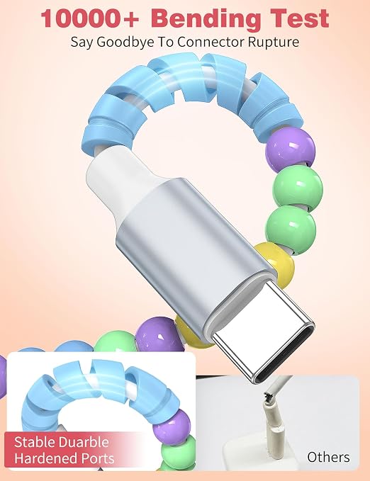 USB A to USB C Cable 3FT,Beaded Charger Cord for iPhone 17 16 Pro Max 17e 15 Car play,Type C Cute Car Charger Cord for iPad 10 11th A16/Samsung S26 S25 S24 S23 FE/Android Phone Girls Women,BlueYellow
