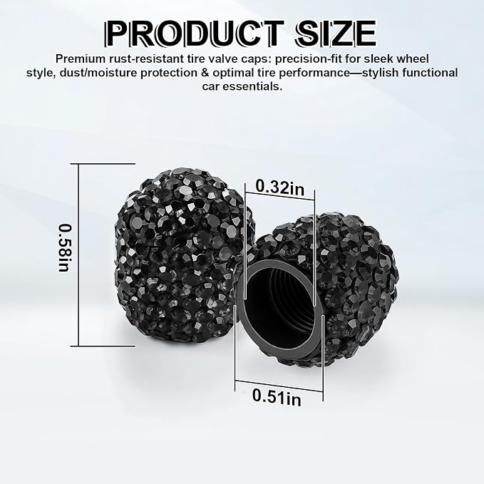 4 Pack Handmade Crystal Rhinestone Car Tire Valve Stem Caps, Wheel Valve, Attractive Dustproof Bling Accessories, Universal for Cars, Trucks and Motorcycles-Black