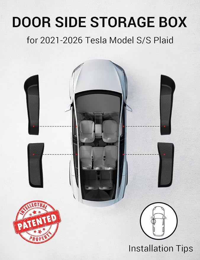 2021-2026 Tesla Model S Door Side Storage Box, Door Organizer Tray (Proprietary Design) Front Rear Slot Pockets, Protector Liner for Model S/S Plaid Accessories Set of 4
