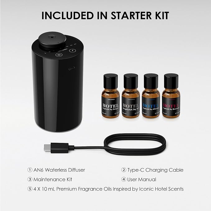 Waterless Essential Oil Diffuser Starter Kit with 4 x 10mL Hotel Scent Fragrance Oil, Battery Operated Mini Scent Air Machine Portable Diffuser for Home Car Office, AN6Kit-04 Black
