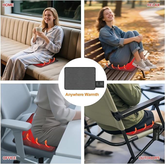 Portable Outdoor Heated Seat Cushion for Camping, Stadium Bleachers - 3-Temp Fast Heating (Power Bank Not Included)
