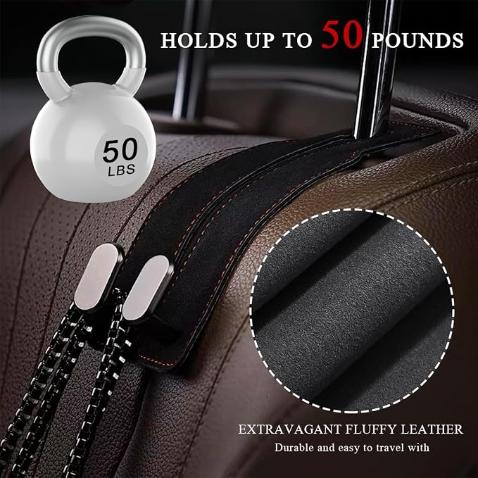 2 PCS Car Seat Headrest Hook, Back Seat Hanger with Double Flexible Leather Hooks, Soft Leather Double Headrest Metal Hooks Purse Handbag Organizer, Car Accessories (Black)