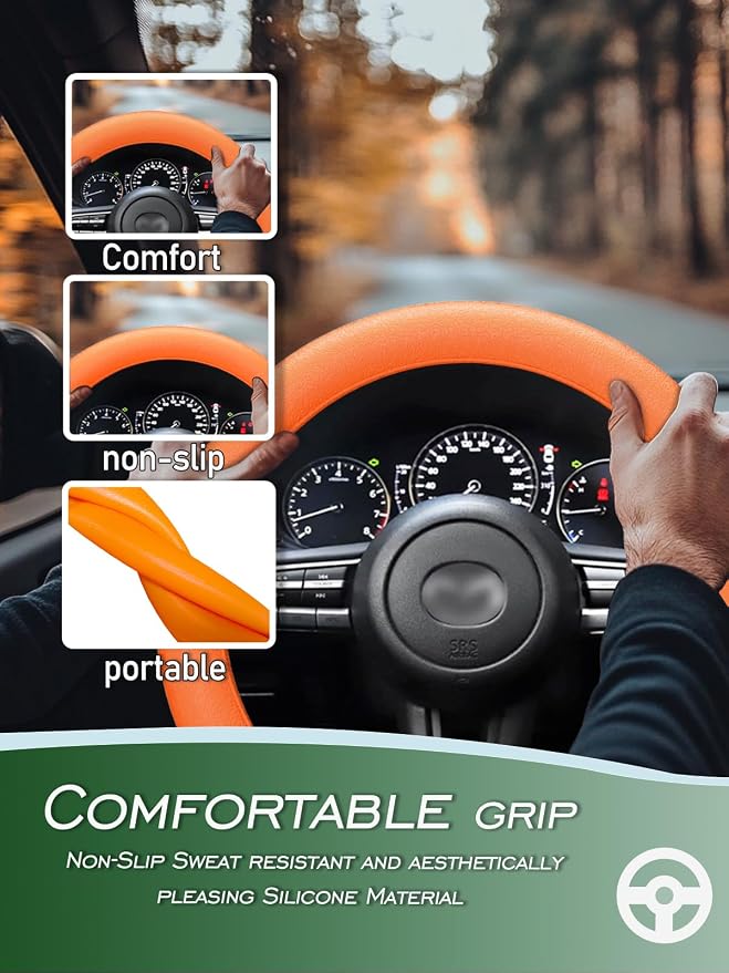 Car Steering Wheel Cover, Non-Slip Silicone Material, Multiple Color Choices, Universal Auto Parts Steering Wheel Cover, Suitable for Most Cars (Orange)