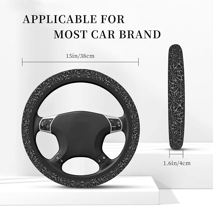 Spider Web Steering Wheel Cover Car Steering Wheel Protector | Black White Elastic Anti-Slip Breathable Car Accessories Interior for Women Men Universal 15 Inch Fit Auto SUVs Vans Truck