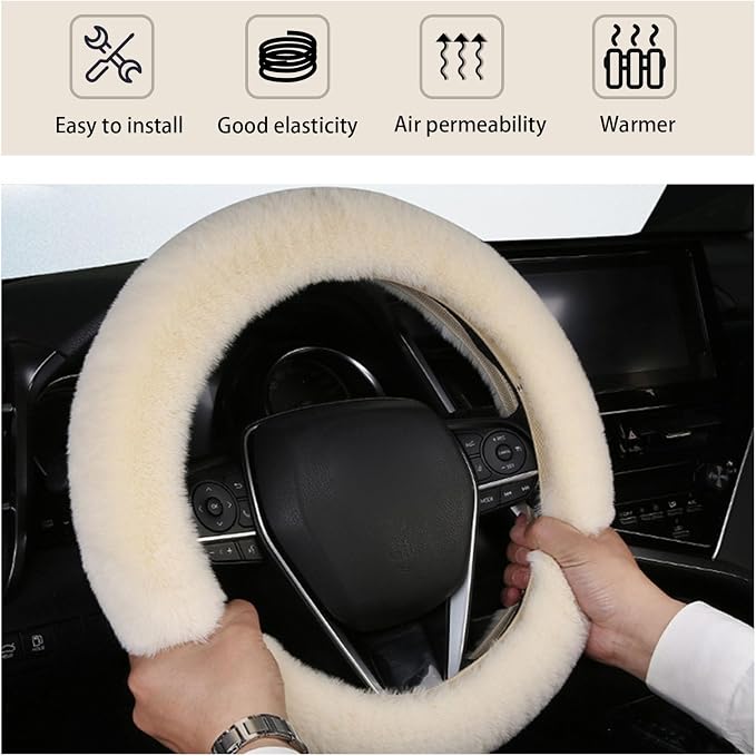 Fuzzy Steering Wheel Cover, 15 inch Soft Wool Fur Steering Wheel Protector, Fluffy Wheel Covers for Winter Warm, Car Interior Decoration Accessories for Women Men (Beige)