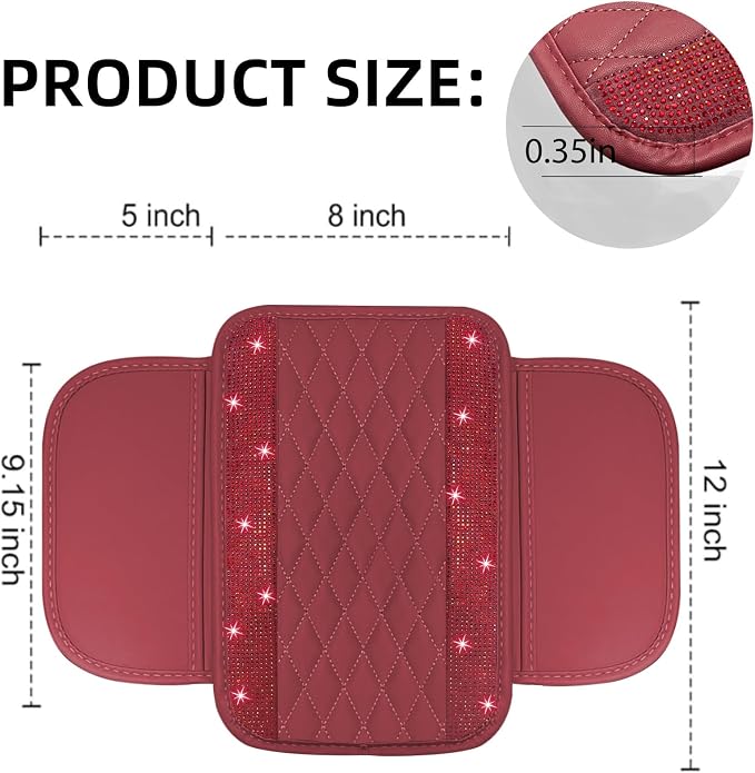 Bling Burgundy Red Car Center Console Cover, Leather Car Arm Rest Cover with 2 Storage Bags, Universal Auto Armrest Protector Storage Box, Bling Accessories Interior for Most Vehicles