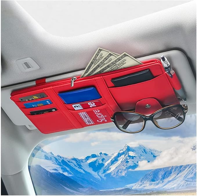 Car Sun Visor Organizer, Leather Storage Pocket Sun Visor Pouch with Zipper for Cards License Registration Pen Glasses Document, Fits Most Car SUV, Auto Interior Accessories (Red)