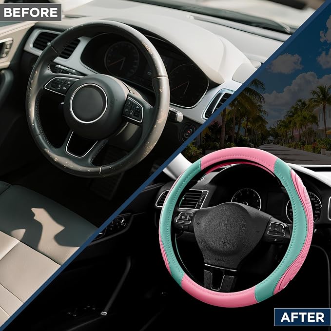 Car Steering Wheel Cover - Microfiber Leather Steering Wheel Wrap Sports 14.5-15 Inch Steering Wheel Cover Non-Slip for Men Women Pink & Green Color