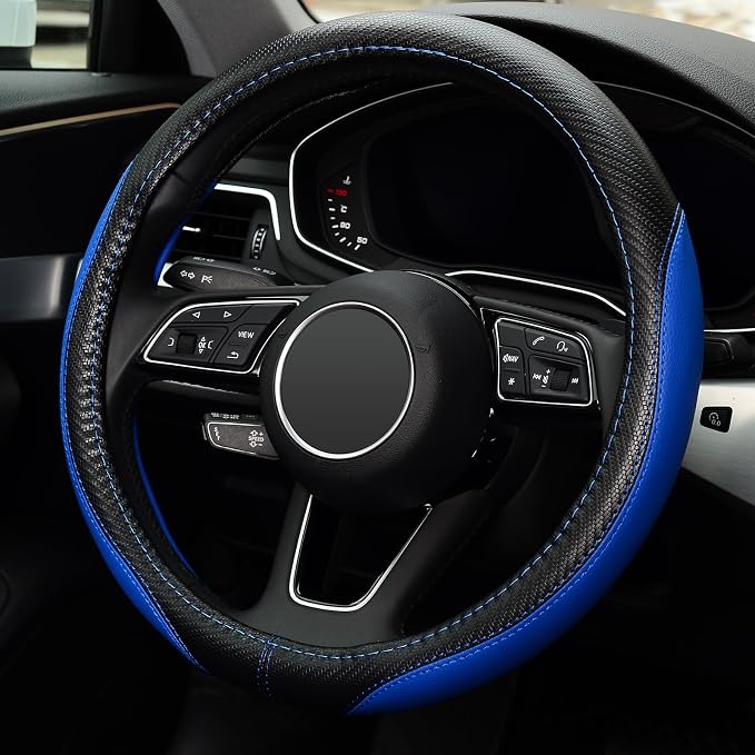 Microfiber Leather Auto Car Steering Wheel Cover, Universal Fit 15 Inch Anti-Slip Wheel Protector, Blue