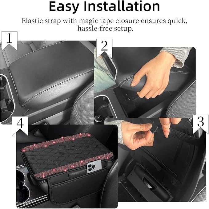 Bling Car Center Console Cover, Leather Car Arm Rest Cover Cushion with 2 Storage Bags, Universal Automotive Armrest Protector Storage Box, Bling Accessories Interior for Most Vehicles (Red)
