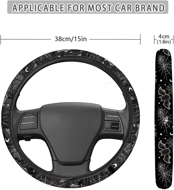 Automotive Steering Wheel Covers for Driver Universal 14 to 15 in | Bat Spider Web Print Steering Wheel Protector with Cloth for Women, Keep Warm Comfort Grip, Sweat Absorption Neoprene