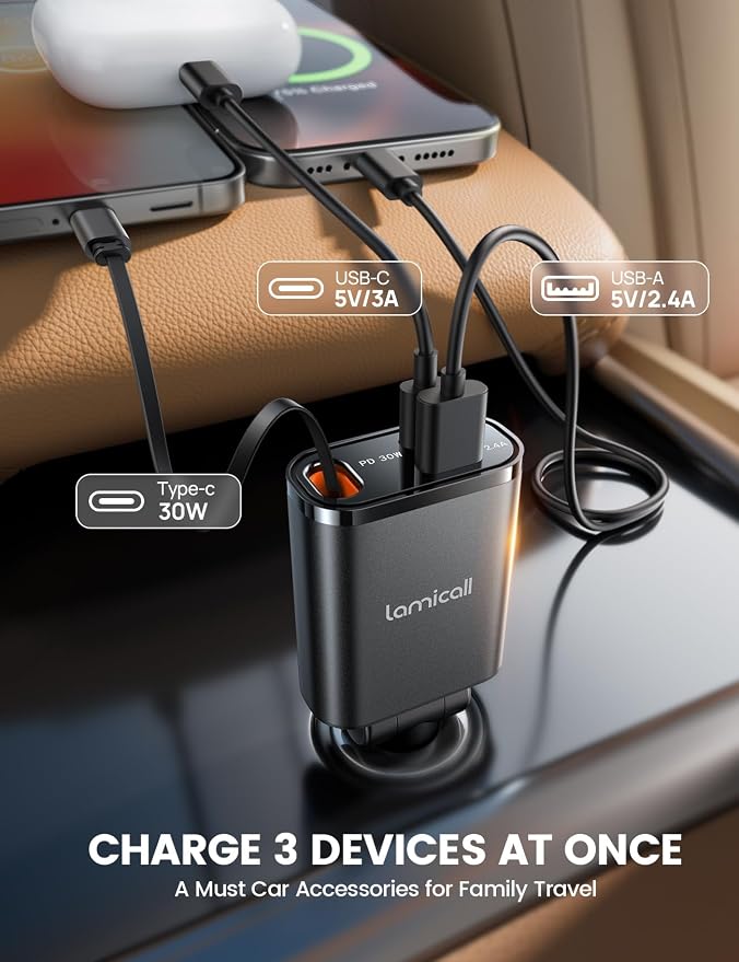 Car Charger USB C Compatible with iPhone 17 16 15 Fast Charging [Ultra-Compact, 60% Less Space] 57w Type C Retractable Car Charger Fit Samsung Galaxy S25 S24 Ultra Pixel Android - Black