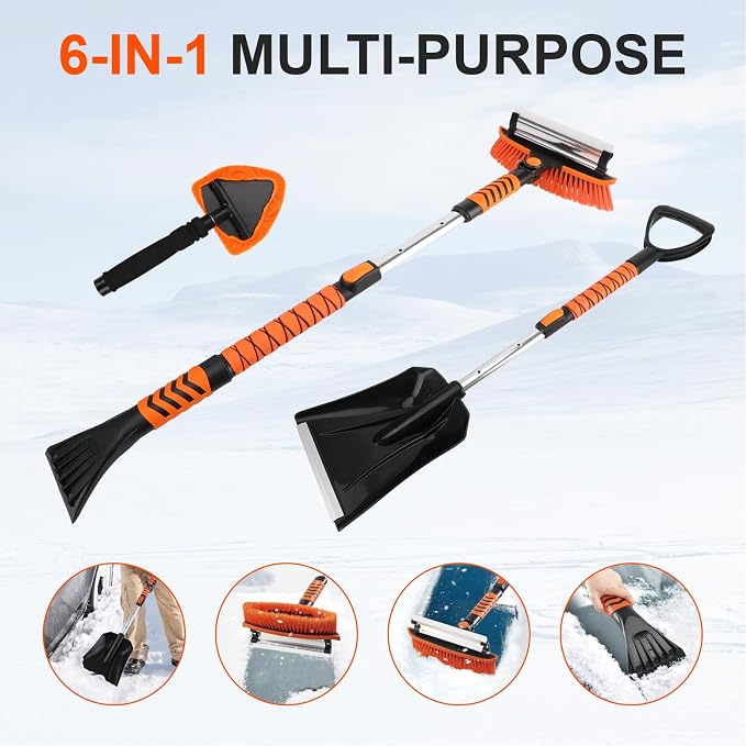 Extendable Snow Brush for Car, Ice Scrapers for Car Windshield Combo Kit with 270° Pivoting Head, 6-in-1 Snow Removal Tool with Snow Shovel Snow Scraper for Car, Truck, SUV, Winter Car Kit