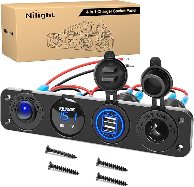 4 in 1 Outlet Socket Panel 12V DC 4.8A Dual USB 12 Volt Cigarette Lighter LED Voltmeter ON Off Rocker Toggle Switch for Marine Boat Truck Car
